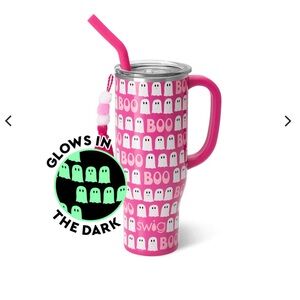 Swig Life Faboolous Pink Ghost Glow-in-the-Dark 30 oz Mega Mug with straw / NEW